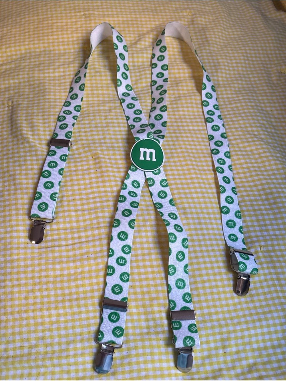 M&M'S White Strap Kids Suspenders with Green Logo Dots